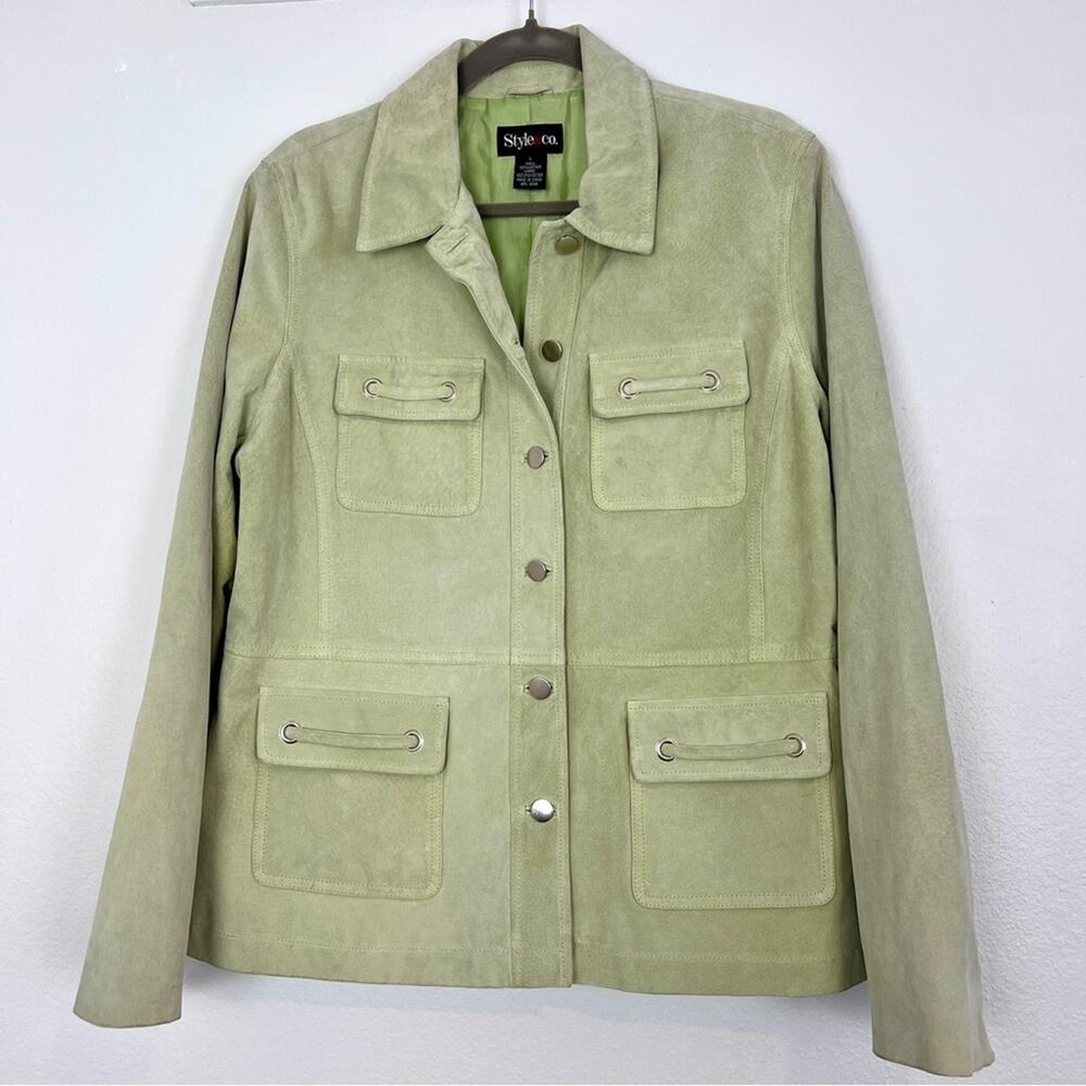 Style & Co | Vintage y2k Light Green Leather Jacket Suede Pockets L